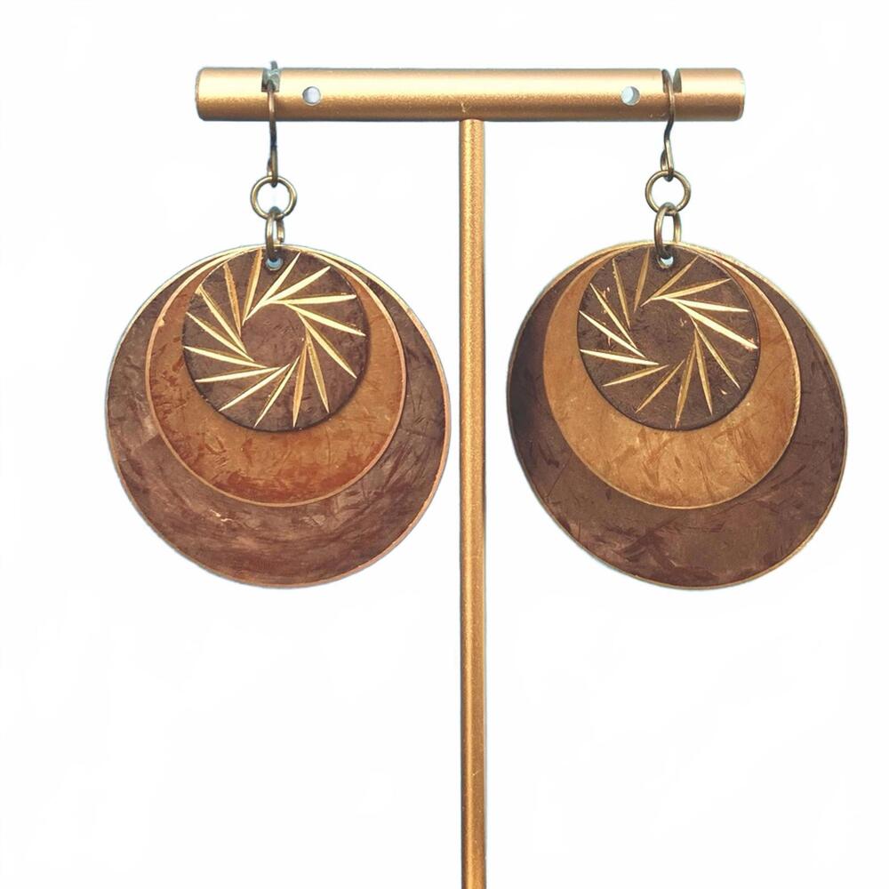 đŤSOLD OUTđŤVintage Layered Copper Brass Circle Dangle Etched Earrings - Picture 1 of 6